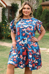 Plus Size Blue Abstract Shirred Tiered Mini Dress