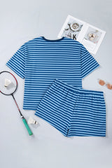 Plus Size Blue Striped Dropped Shoulder Tee and Shorts Set