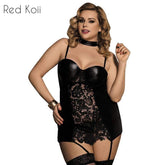 Plus Size Gartered Lace Faux Leather Lingerie
