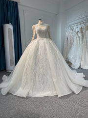 Plus Size Long-Sleeve High-Neck Beaded Sequin Wedding Dress