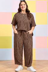 Plus Size Leopard Loose Top Pleated Pants Set