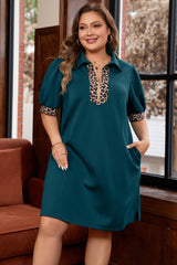 Plus Size Leopard Patchwork Quarter Zip Mini Dress