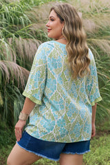 Plus Size Floral Frilled Color Block Trim Blouse