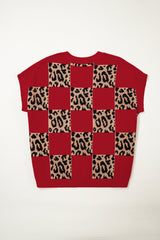 Plus Size Leopard Checkered Short Sleeve Sweater