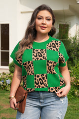 Plus Size Leopard Checkered Short Sleeve Sweater