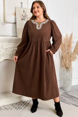 Plus Size Embroidered Notched Neck Pleated Midi Dress