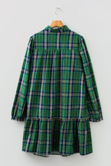 Plus Size Green Plaid Long Sleeve Shift Mini Dress