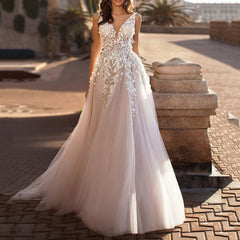 Plus Size Elegant Lace Deep V-Neck Wedding Dress