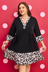 Plus Size Leopard Patchwork V Neck 3/4 Sleeve Mini Dress
