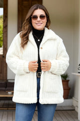 Plus Size Collared Fuzzy Button-Down Outerwear