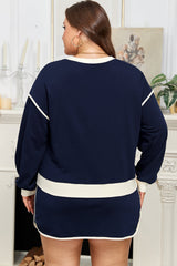 Plus Size Color Block Drop Shoulder Top and Lace-Up Skirt Set
