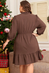 Plus Size Frilled Trim V Neck Puff Sleeve Mini Dress