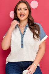 Plus Size Contrast Denim Patchwork Polo