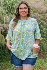 Plus Size Floral Frilled Color Block Trim Blouse