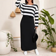 Plus Size Elegant Striped Two-Piece Maxi Dress Set