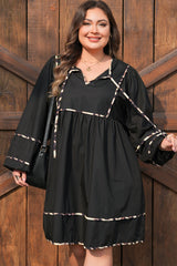 Plus Size Long Sleeve Leopard Tie Neck Flared Mini Dress