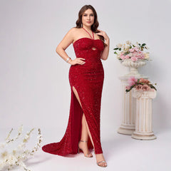 Plus Size Elegant Red Sequined Sleeveless Dress