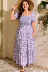 Plus Size Floral Square Neck Smocked Maxi Dress