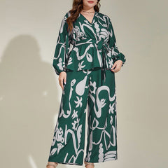 Plus Size Loose Retro Floral V-Neck Shirt Set