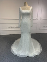 Plus Size Long Sleeve Square Neck A-Line Wedding Dress