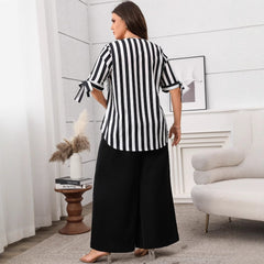 Plus Size Casual Striped Top and Wide Leg Pants Set