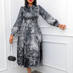 Plus Size Long Sleeve High Waist Printed Dress