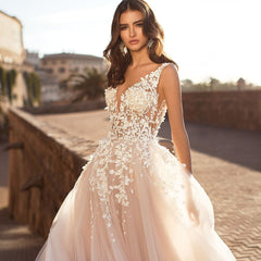 Plus Size Elegant Lace Deep V-Neck Wedding Dress