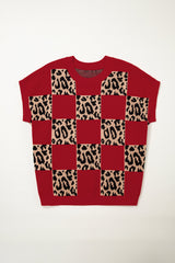 Plus Size Leopard Checkered Short Sleeve Sweater