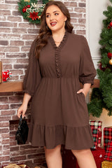 Plus Size Frilled Trim V Neck Puff Sleeve Mini Dress