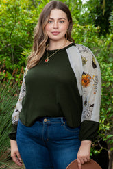 Plus Size Floral Raglan Colorblock Blouse