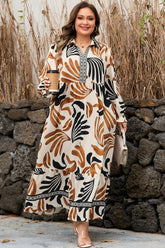 Plus Size Abstract Print Contrast Collar Shift Dress