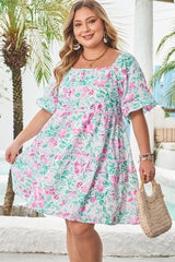 Plus Size Floral Ric-rac Trim Square Neck Mini Dress