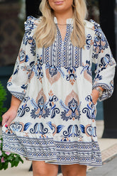 Plus Size Boho Print Split Neck Mini Dress