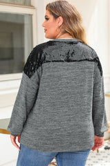 Plus Size Gray Sequin Patchwork Long Sleeve Top