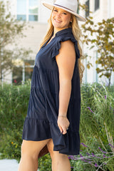 Plus Size Collared V Neck Flutter Sleeve Tiered Dress