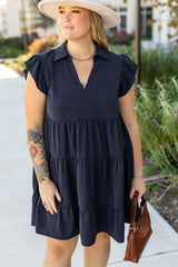 Plus Size Collared V Neck Flutter Sleeve Tiered Dress