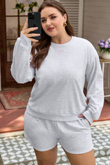 Plus Size Bow Embroidered Puff Sleeve Shorts Set