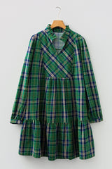 Plus Size Green Plaid Long Sleeve Shift Mini Dress