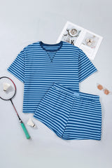 Plus Size Blue Striped Dropped Shoulder Tee and Shorts Set
