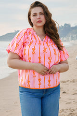 Plus Size Bowknot Print Shirred V Neck Puff Sleeve Blouse