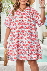 Plus Size Floral Ruffled V Neck Dress