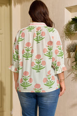 Plus Size Floral Striped Trim V Neck Blouse