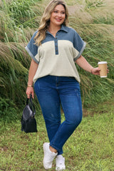 Plus Size Half Button Collared Denim Patchwork Top