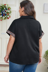 Plus Size Leopard Patchwork Half Zip Top