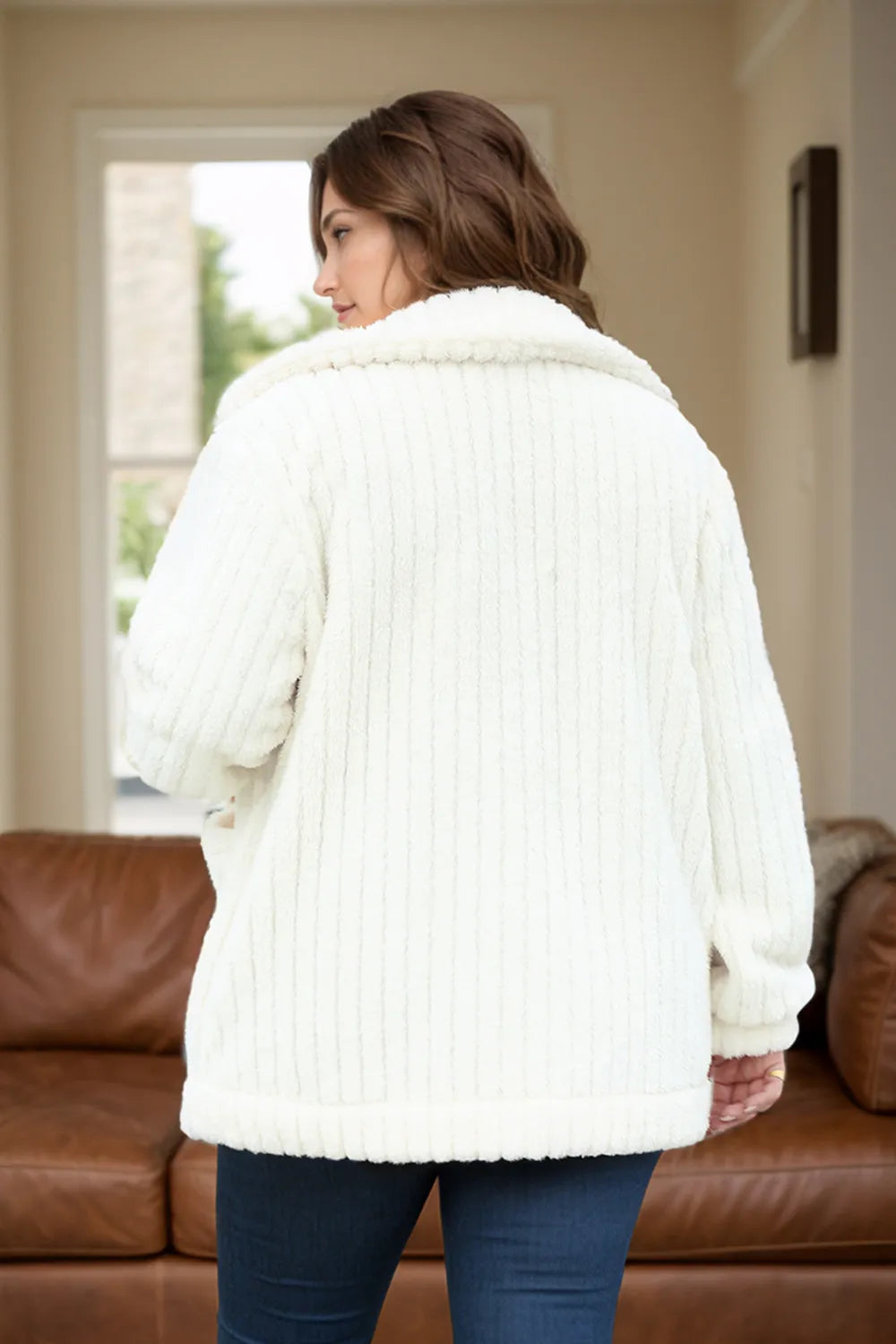 Plus Size Collared Fuzzy Button-Down Outerwear