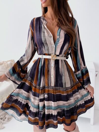 Plus Size Buttoned Striped Long Sleeve Mini Dress
