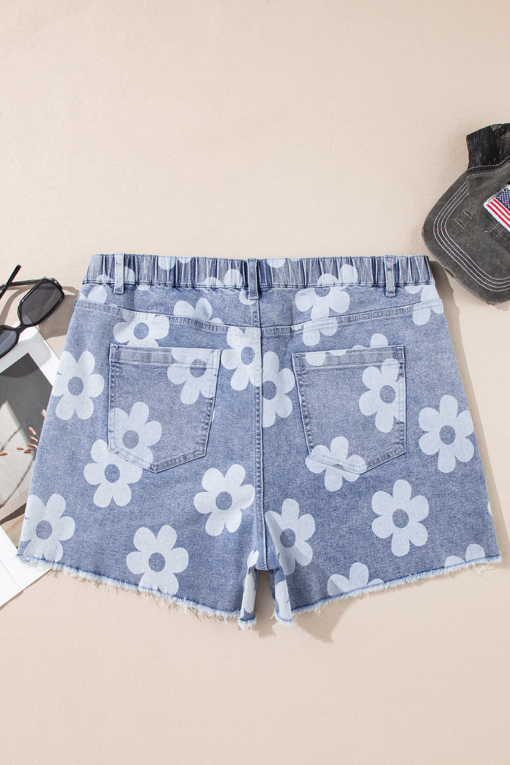 Plus Size Blue Floral High Waist Denim Shorts