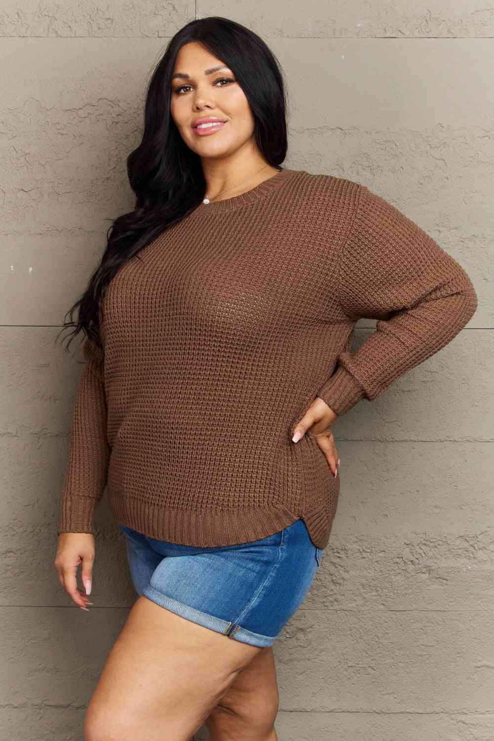 Plus Size Breezy Days High Low Waffle Knit Sweater