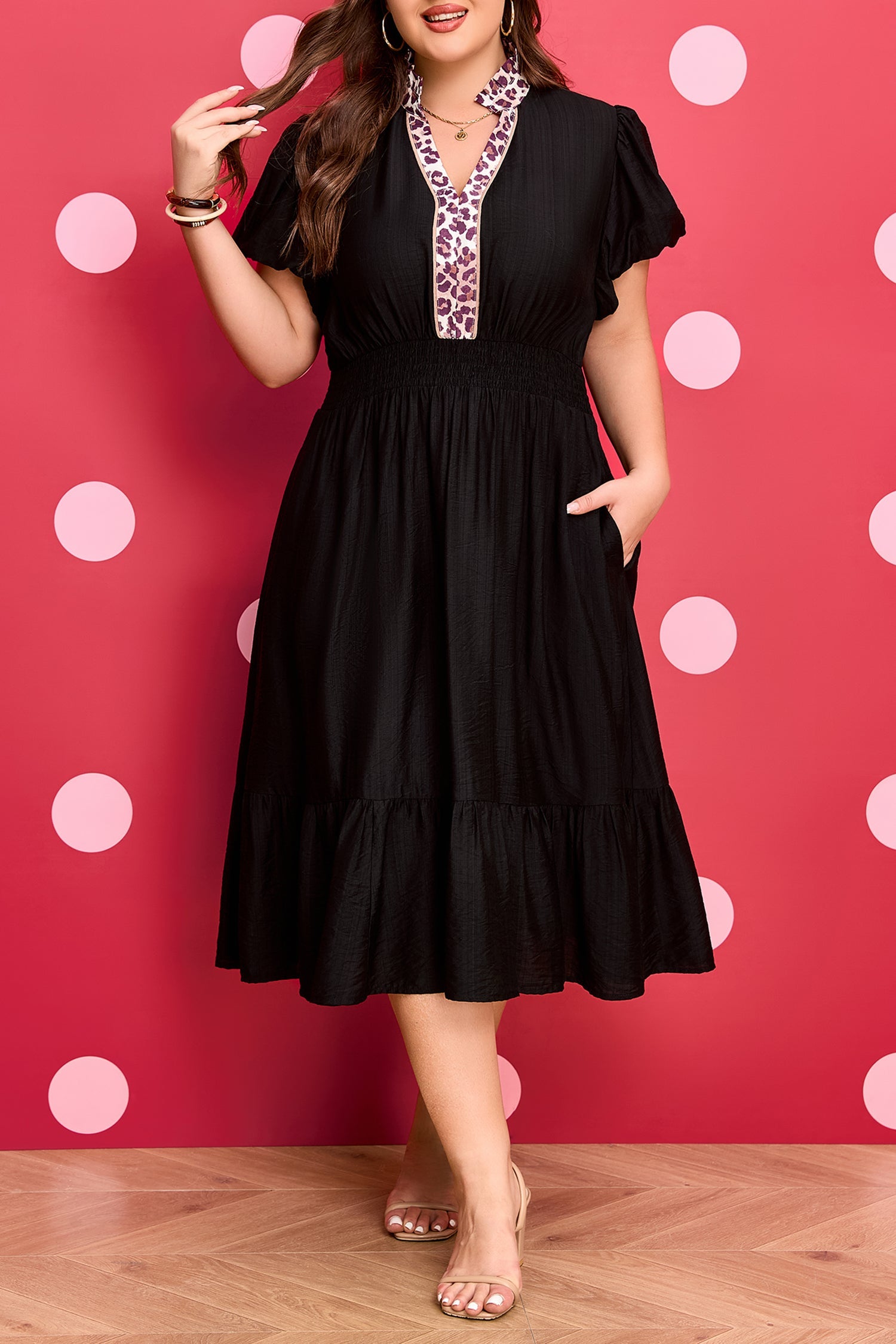 Plus Size Leopard V-Neck Smocked Dress