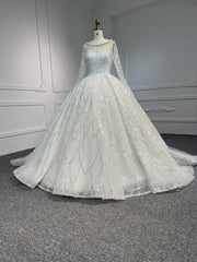 Plus Size Long-Sleeved Pearl Sequin Wedding Dress
